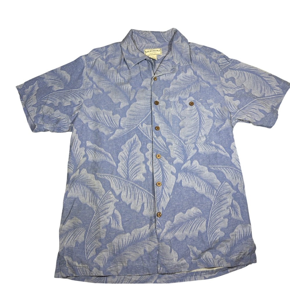 VTG 100% Silk Boca Classics Mens Small Blue Tropical Leaf Hawaiian Camp Shirt